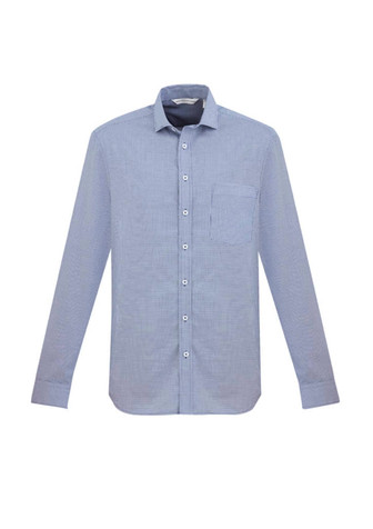 A long sleeve button-up shirt in light blue with a chest pocket and a logo.