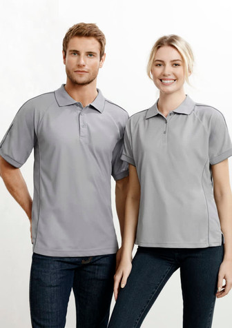 A grey short sleeve polo shirt, featuring a logo, displayed on a male and female model.