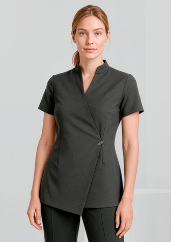A dark grey women's tunic with a wrap design and short sleeves, featuring a brand logo.