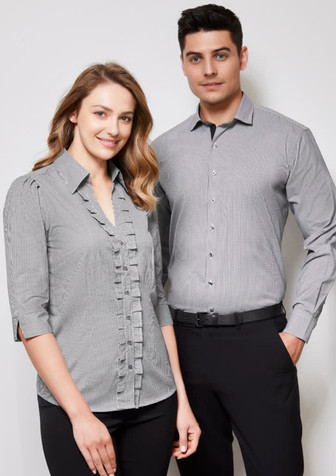 A grey and white striped button-up shirt for men, featuring a classic collar and full-length sleeves, alongside a woman’s similar styled shirt.
