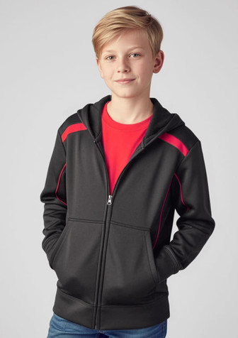 A black and red hoodie featuring a zip front, modelled by a young boy with short blonde hair.