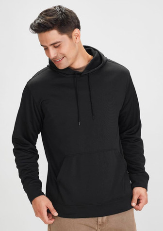 A black hoodie with a front pocket and drawstring hood, featuring a logo. Designed for men.
