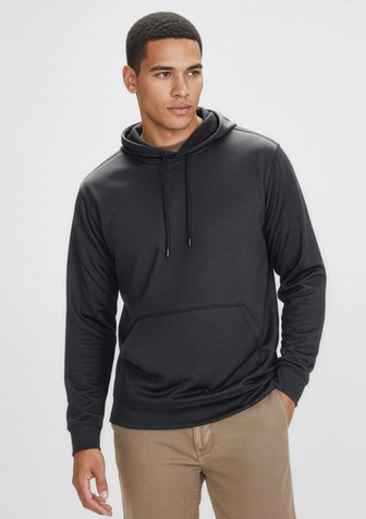 A black hoodie featuring a front pocket and a drawstring hood, displayed on a model. It includes a logo.