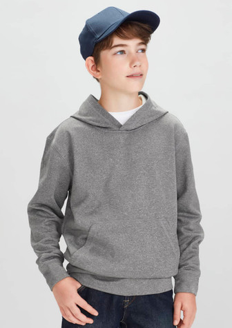 A grey hoodie with a hood, worn by a child, paired with a blue cap. The hoodie has a logo.