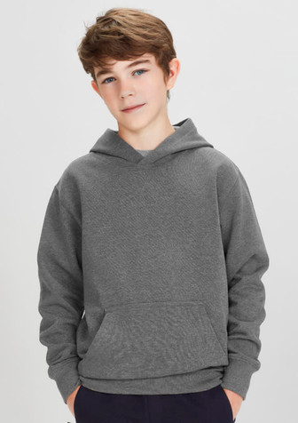 A grey kids' hoodie featuring a front pocket and a hood, suitable for casual wear. It includes a logo.
