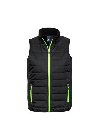 A black vest with a zip front and bright green accents, featuring two side pockets and a collar.