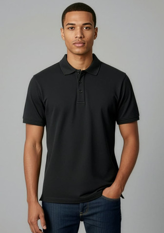 A black short sleeve polo shirt for men, featuring a collar and a logo on the chest.