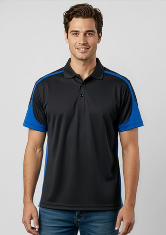 A black and blue short sleeve polo shirt with a collar and a logo on the chest.
