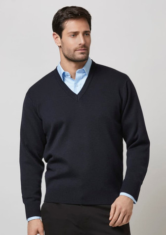 A men's woolmix knit pullover in navy blue, featuring a V-neck and ribbed cuffs and hem. It includes a logo.