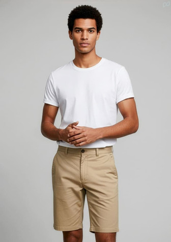A model wearing beige dress shorts paired with a white t-shirt, standing against a plain background.