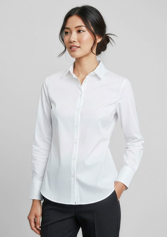 A white button-up shirt with a tailored fit and long sleeves, featuring a collar and a logo.