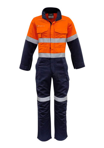 An orange and navy overall designed for workwear, featuring hoop-taped reflective stripes and a logo.