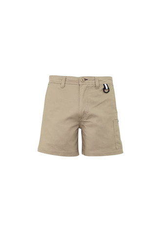Khaki men's shorts with a pocket and clip, featuring a simple design. Includes a branding logo.