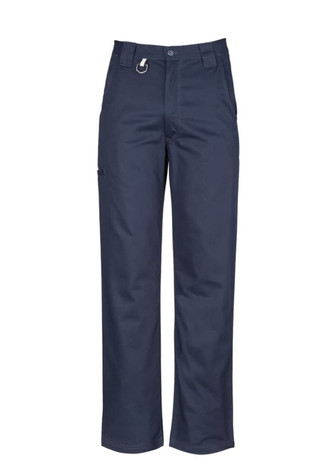 A pair of navy blue men's utility pants featuring a side pocket and a belt loop, with a logo on the waistband.