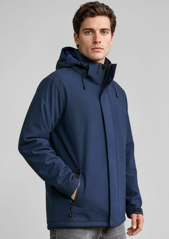 A men's navy rain jacket with a hood, designed with a front zip and side pockets, featuring a logo.