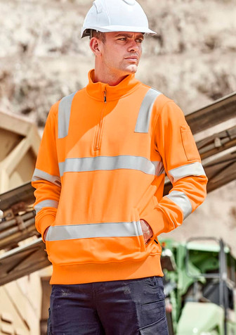 Unisex hi-vis pullover in bright orange, featuring reflective strips and a quarter zip. Includes a logo on the sleeve.