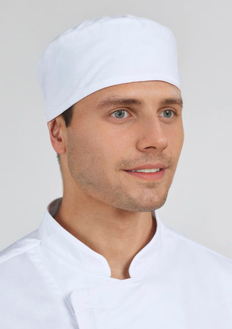 A white mesh flat top hat worn by a man, featuring a simple design and a logo on the front.
