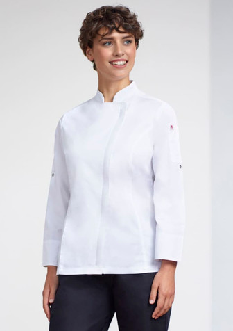 A white long sleeve chef jacket for women, featuring a sleek design and a small logo on one sleeve.