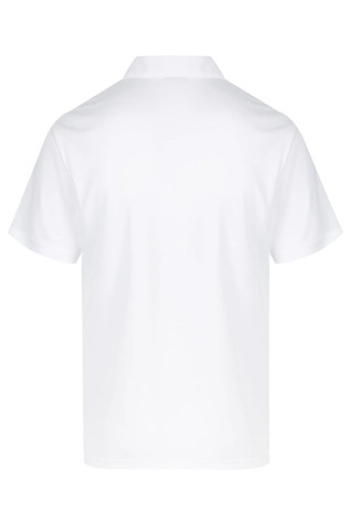 A white polo shirt with a classic collar and short sleeves. The back view features a simple design and a logo.