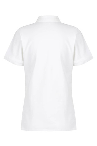 A white women's polo shirt featuring a classic design and short sleeves. It includes a logo on the fabric.