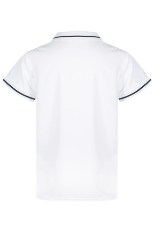 A white polo shirt featuring contrasting trim and a collar. The back view highlights its smooth design and fit.