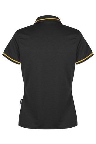 A black polo shirt with yellow trim, featuring a collar and short sleeves. Includes a branding logo.