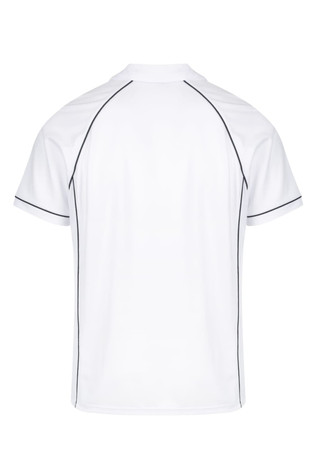 A white men's polo shirt featuring black piping and a logo on the chest area.