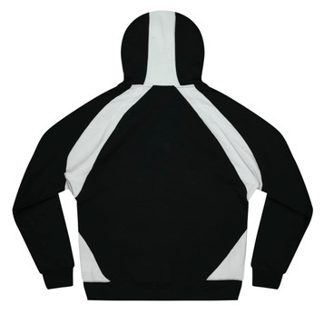 A black and white hoodie with a contrasting panel design, featuring a hood and long sleeves.