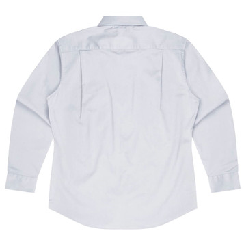 A light blue long sleeve button-up shirt with a plain back and a collar, featuring a logo.