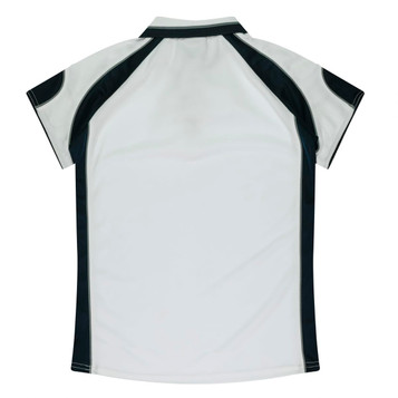 A white polo shirt with black detailing and a logo on the back. Short sleeves and a classic collar design.