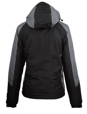 A black and grey jacket with a hood and a logo on the back. Suitable for various outdoor activities.