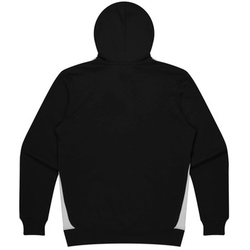 A black hoodie with a hood and contrasting side panels. Features a logo on the back.