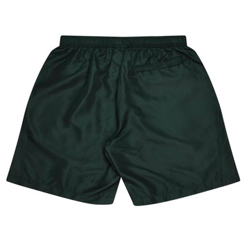 Dark green sports shorts featuring an elastic waistband and a back pocket. Includes branding on the garment.