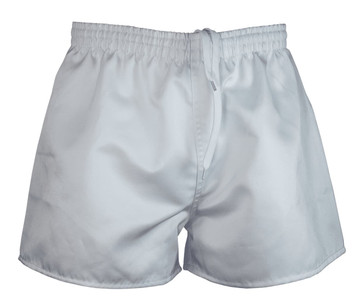 White rugby men's shorts featuring an elastic waistband and a drawstring, with a logo on the front.