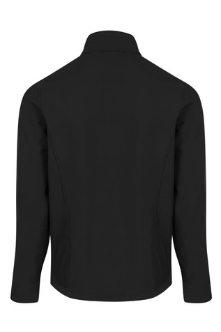 A black soft shell jacket for kids featuring a high collar and long sleeves. It has a logo on the back.