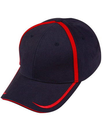 A navy cap with red contrast trim and a logo on the front. The design features a curved peak and ventilation holes.