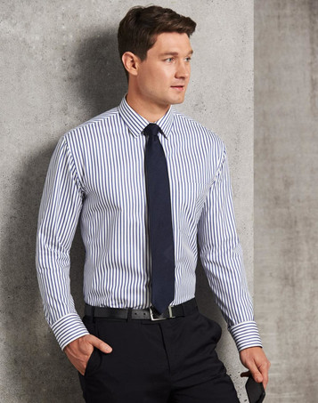 A men's long sleeve button-up shirt featuring navy and white sateen stripes, complemented by a dark tie and belt.