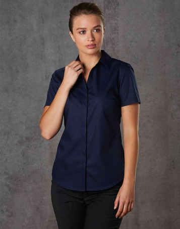 A navy blue short-sleeved button-up shirt for women, featuring a sleek design and a subtle texture.