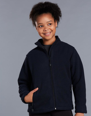 A black polar fleece jacket for kids with a full zip and zippered pockets, featuring a logo on the chest.