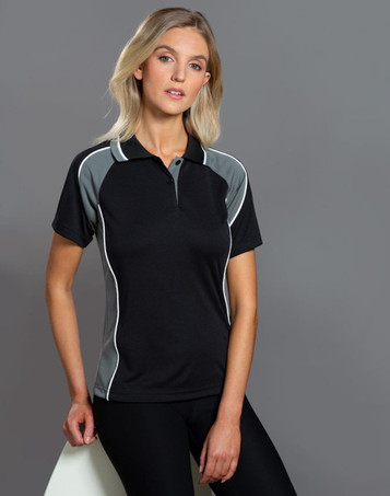A black and grey Ladies' Mascot Polo shirt with a logo, featuring contrasting side panels and a collar.