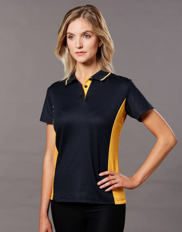 A navy and yellow women's polo shirt featuring short sleeves and a branded logo.