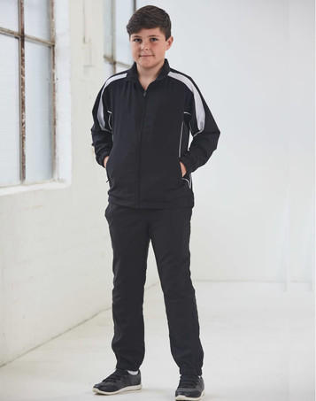 Black track pants designed for kids, featuring white accent stripes and a comfortable fit.