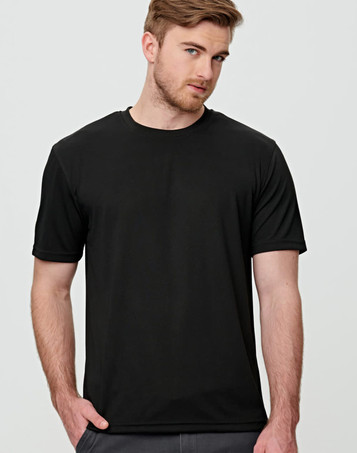 A black short sleeve tee for men, featuring a simple design and a logo on one side.