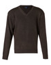 A V-neck jumper in dark brown wool and acrylic knit, featuring long sleeves and a branded label.