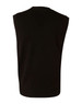 A black V neck wool and acrylic knit vest with a sleeveless design and ribbed hem.