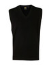 A black V-neck wool and acrylic knit vest with a sleeveless design and a logo label.