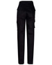 Black long fit work pants with multiple pockets and a logo at the waistband. Rear view displayed.