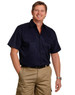 A navy short-sleeved cotton work shirt with two chest pockets, worn by a smiling man.