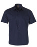 A navy blue short-sleeve cotton work shirt with two chest pockets and a branded label.
