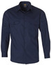 A navy long-sleeve cotton work shirt with two front pockets and a button-up front. It features a logo on the label.